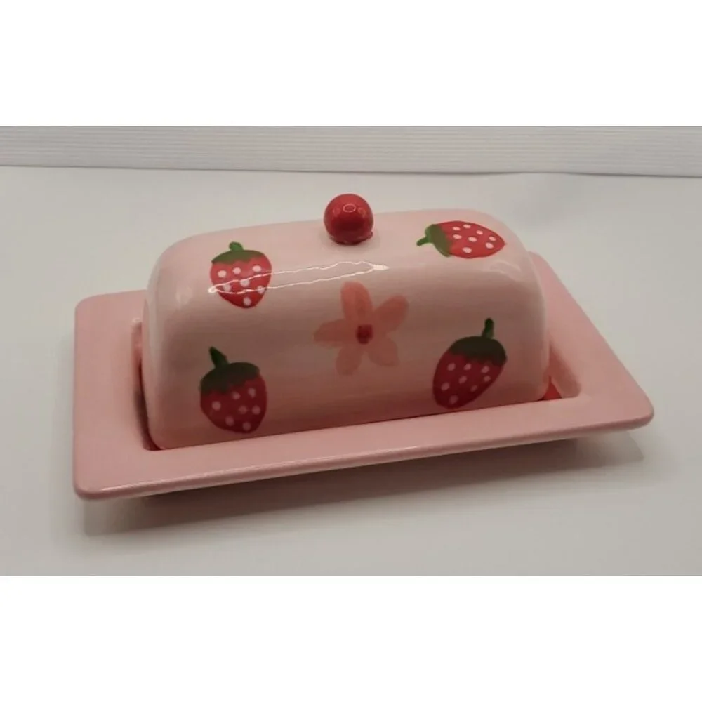STRAWBERRY Ceramic Butter Dish Pink Red 7